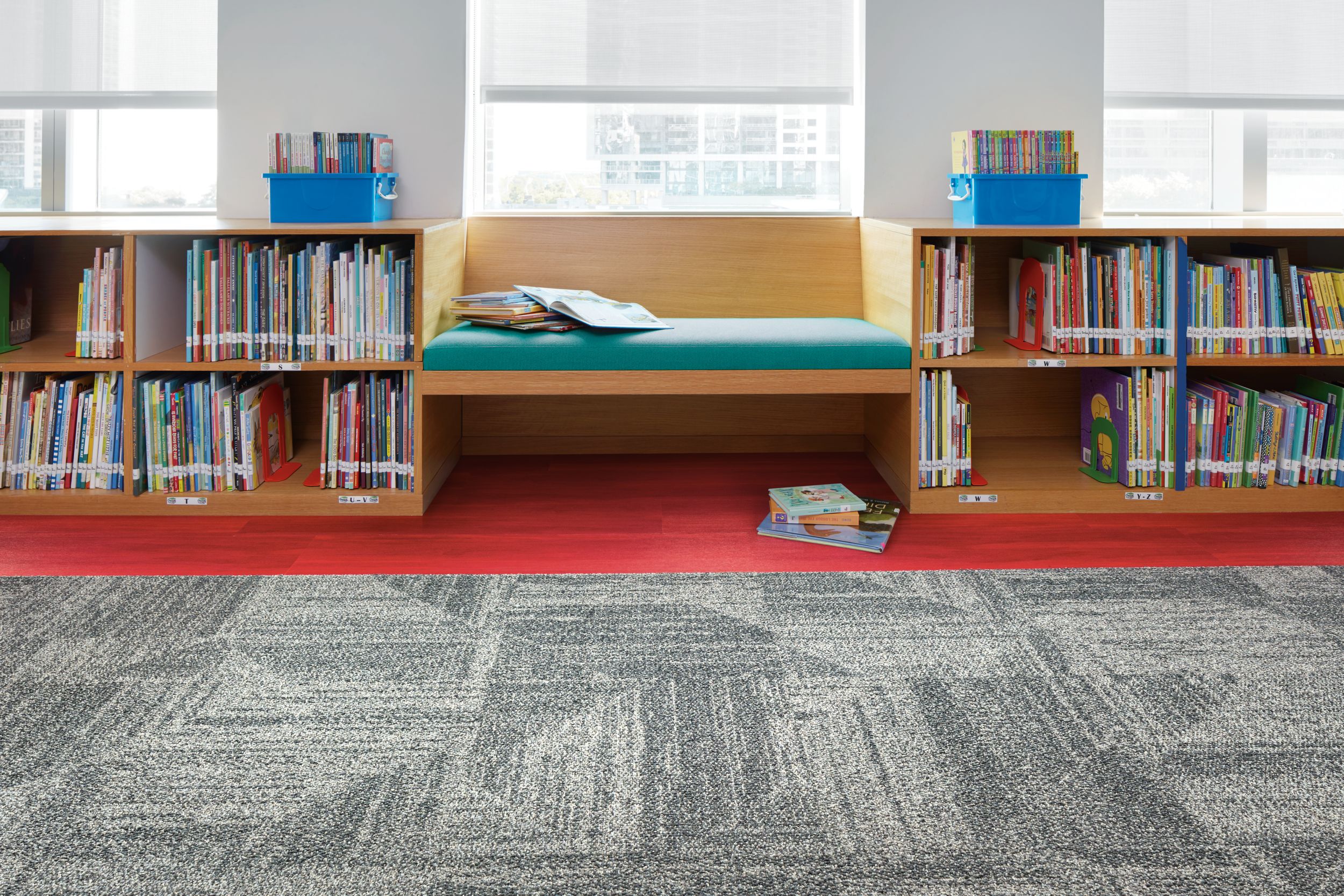 Interface Open Air 403 carpet tile in library with reading bench and childrens books image number 8